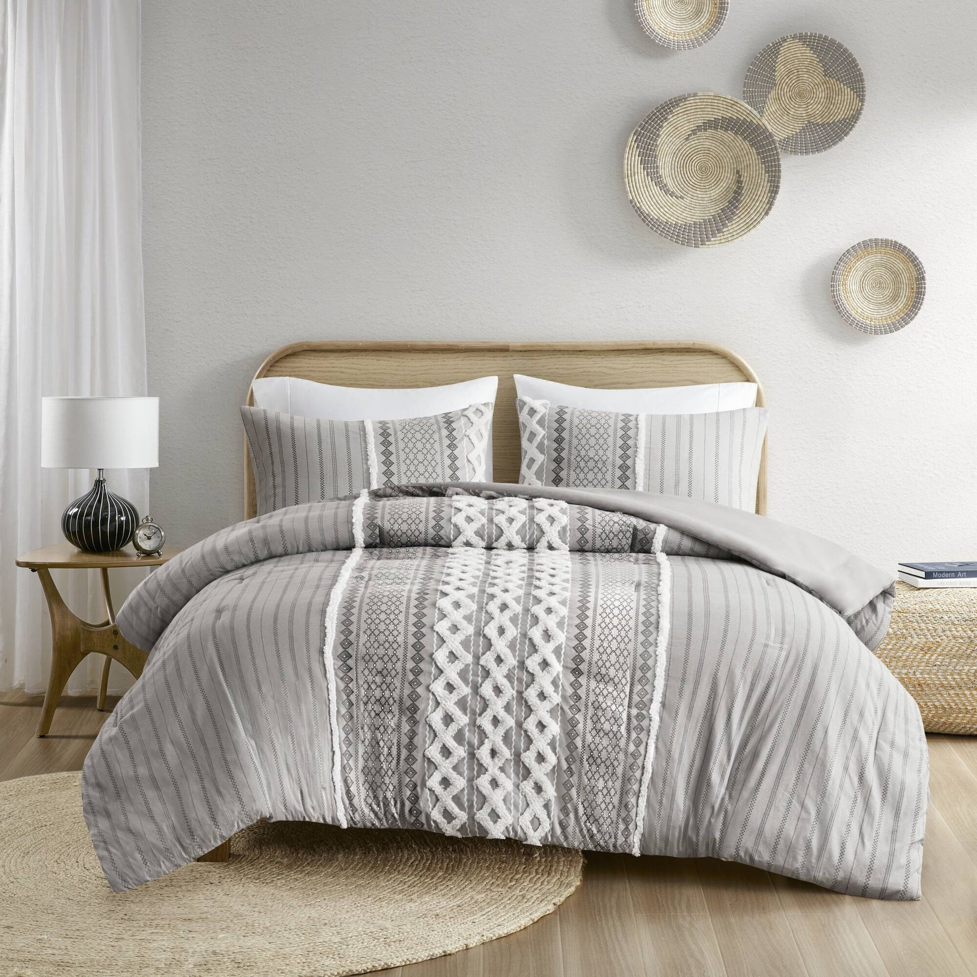 Cotton Printed Comforter Set with Chenille Gray King/Cal King