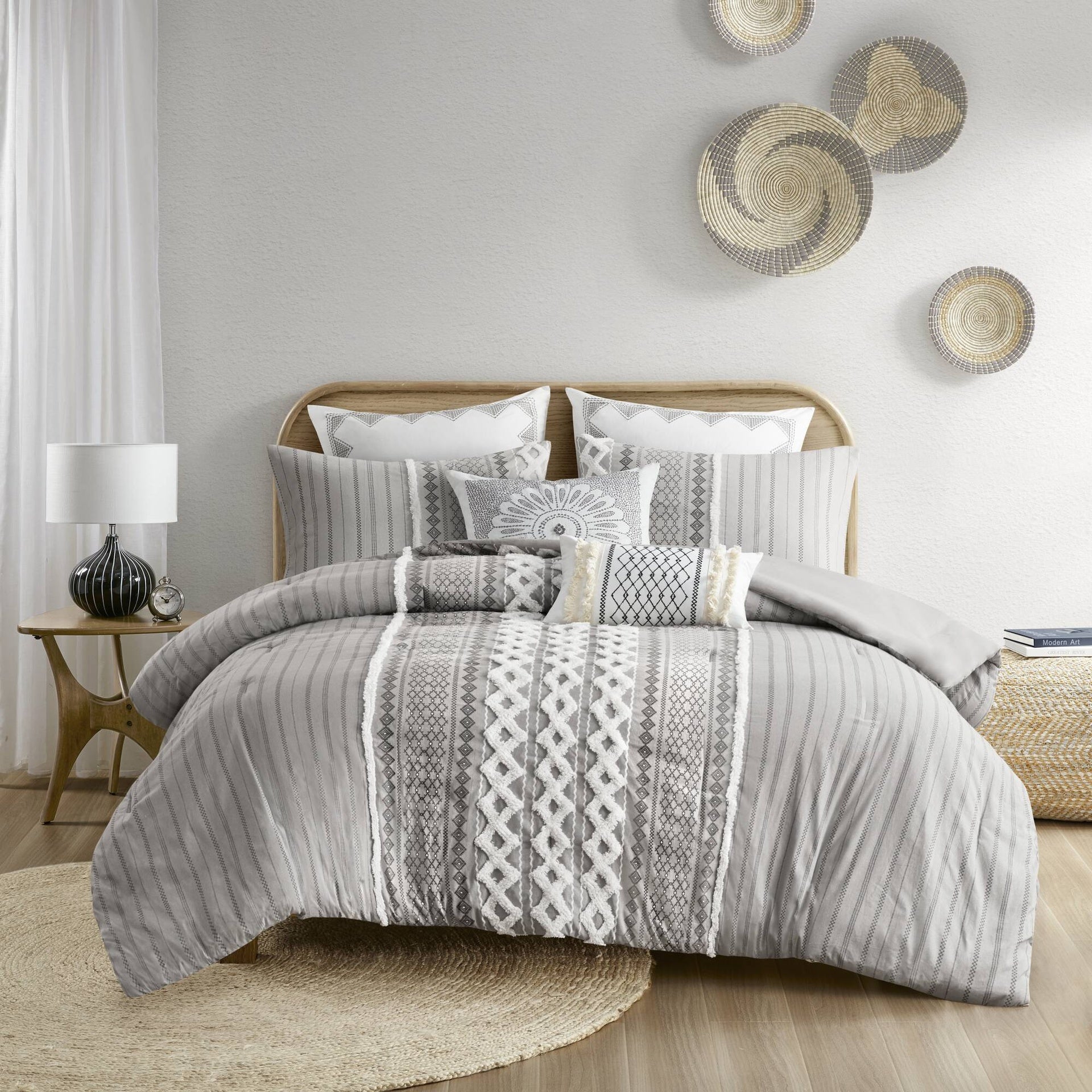 Cotton Printed Comforter Set with Chenille Gray King/Cal King