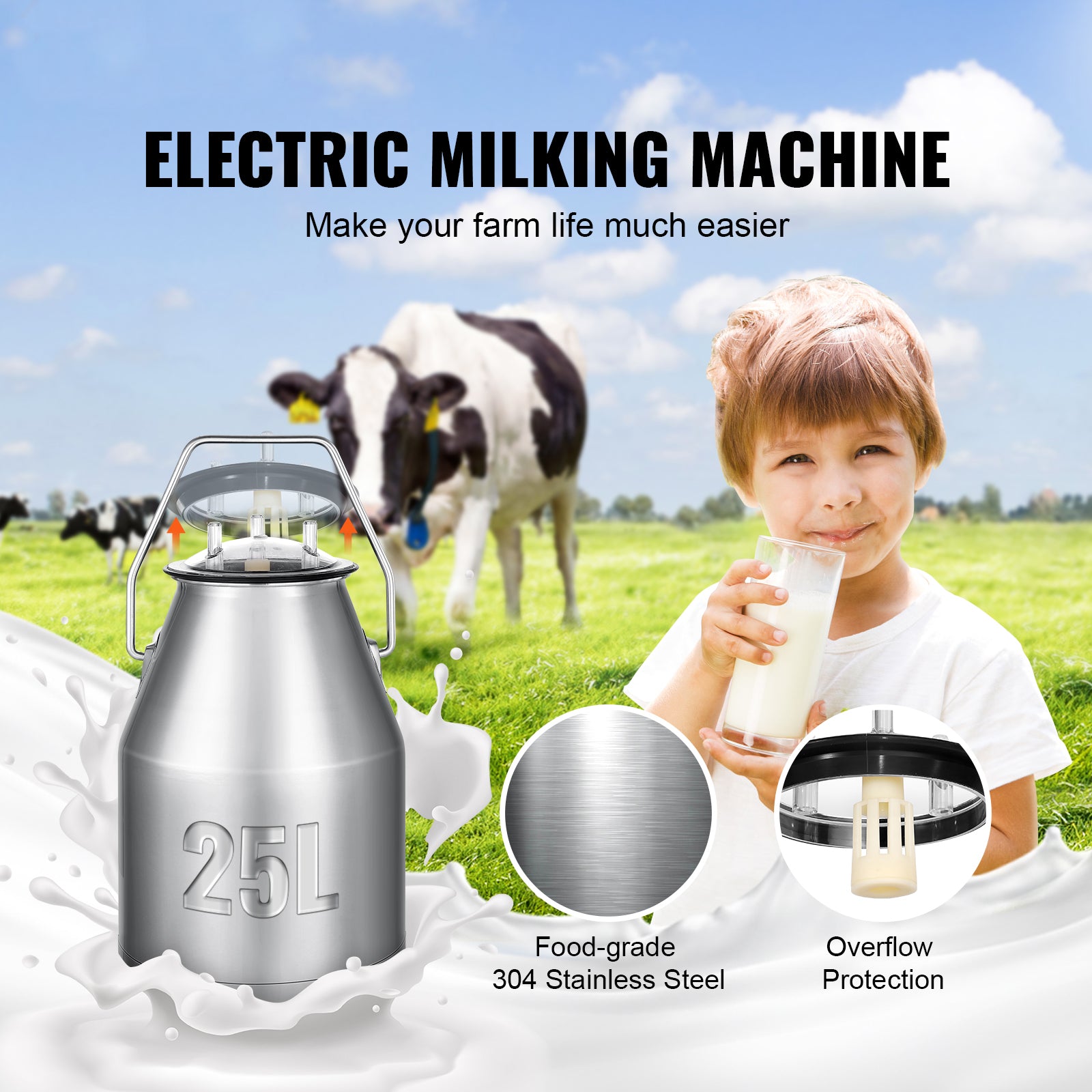 Electric Cow Milking Machine, 6.6 Gal / 25 L 304 Stainless Steel Bucket, Automatic Pulsation Vacuum Milker, Portable Milker with Food-grade Silicone Cups and Tubes, Adjustable Pressure