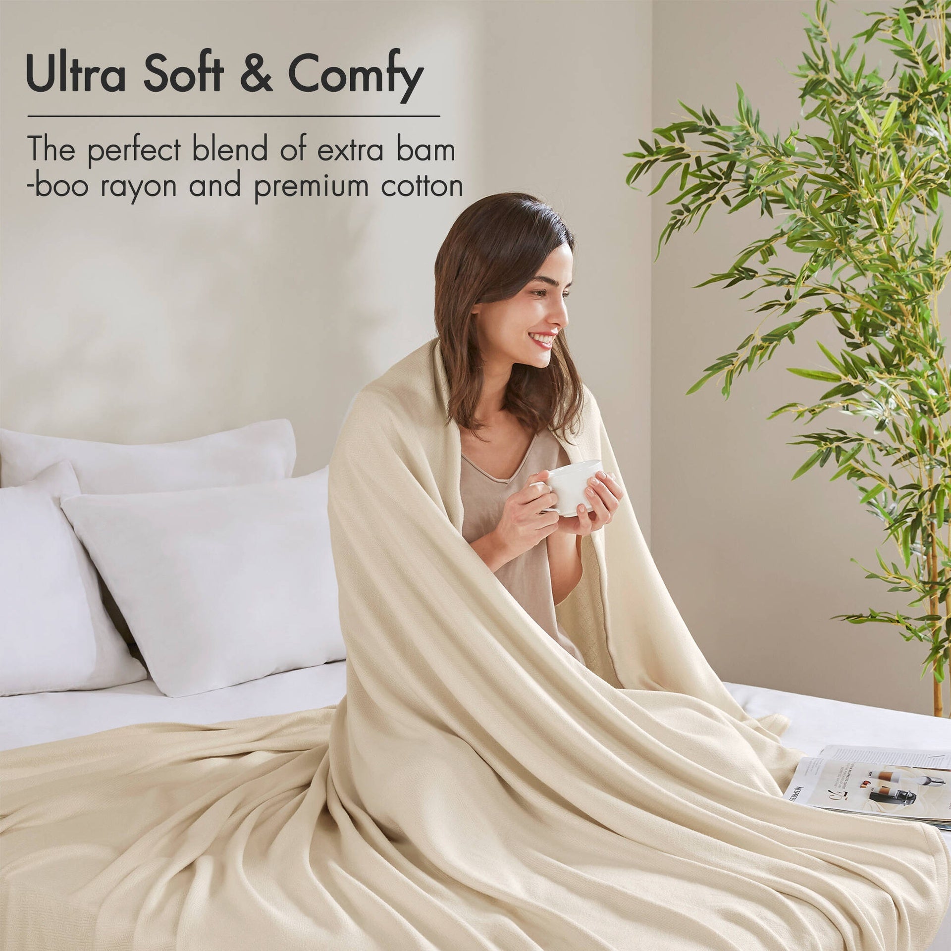 1-Piece King Rayon from Bamboo Cotton Blanket, Ivory