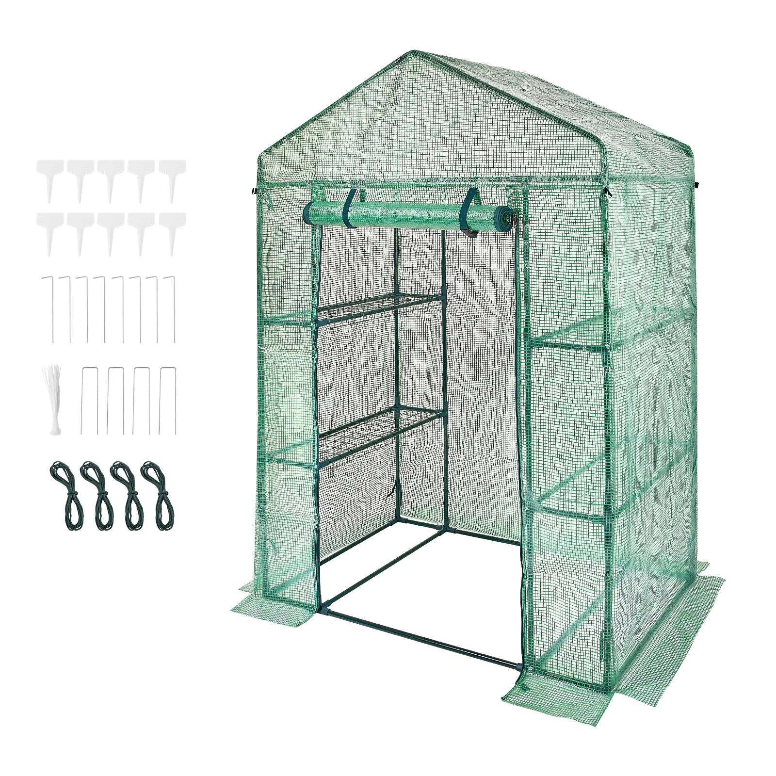 Walk-in Green House, 4.6 x 2.4 x 6.7 ft, Greenhouse with Shelves, High Strength PE Cover with Doors, Windows and Steel Frame, Set Up in Minutes, for Planting and Storage