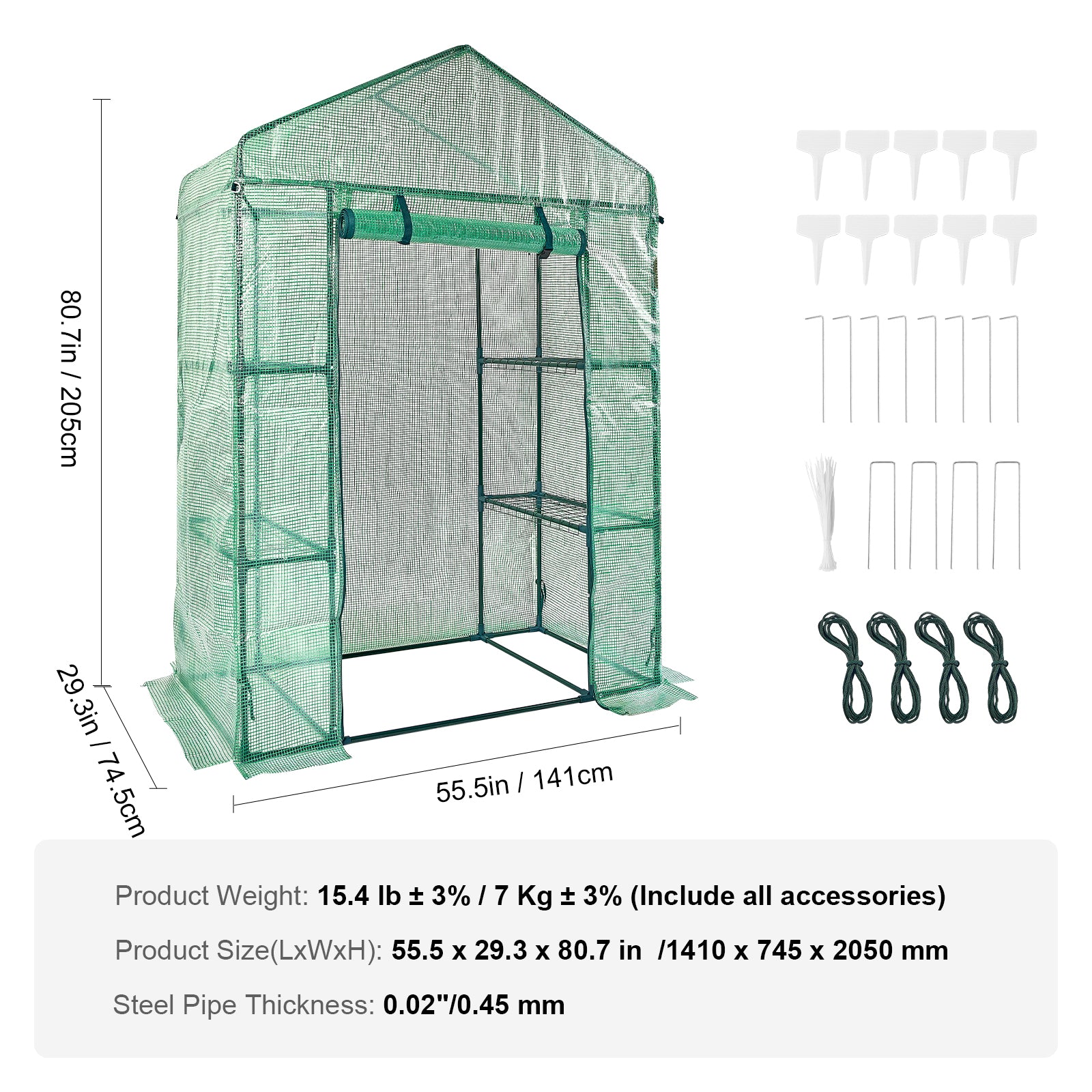 Walk-in Green House, 4.6 x 2.4 x 6.7 ft, Greenhouse with Shelves, High Strength PE Cover with Doors, Windows and Steel Frame, Set Up in Minutes, for Planting and Storage