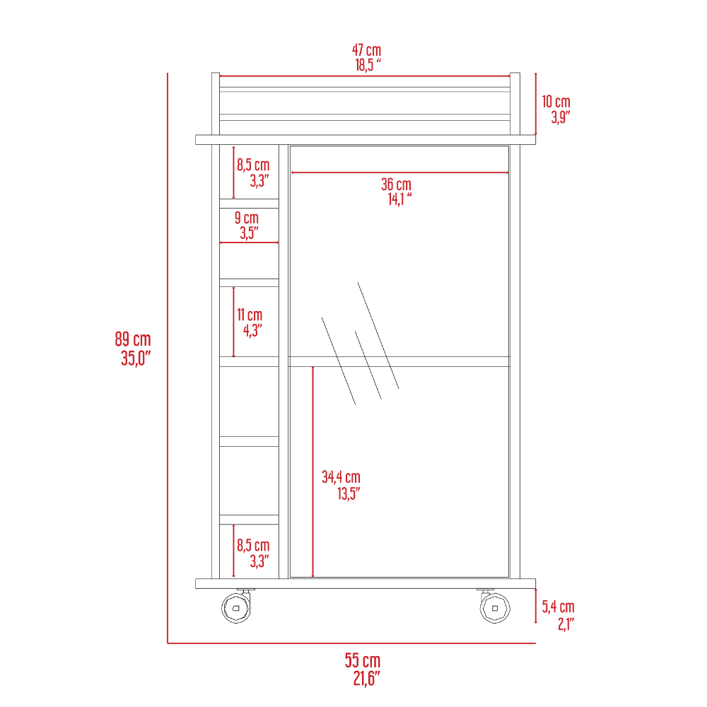 Bar Cart, Glass Door, Four Casters, Two Shelves, Carbon Espresso