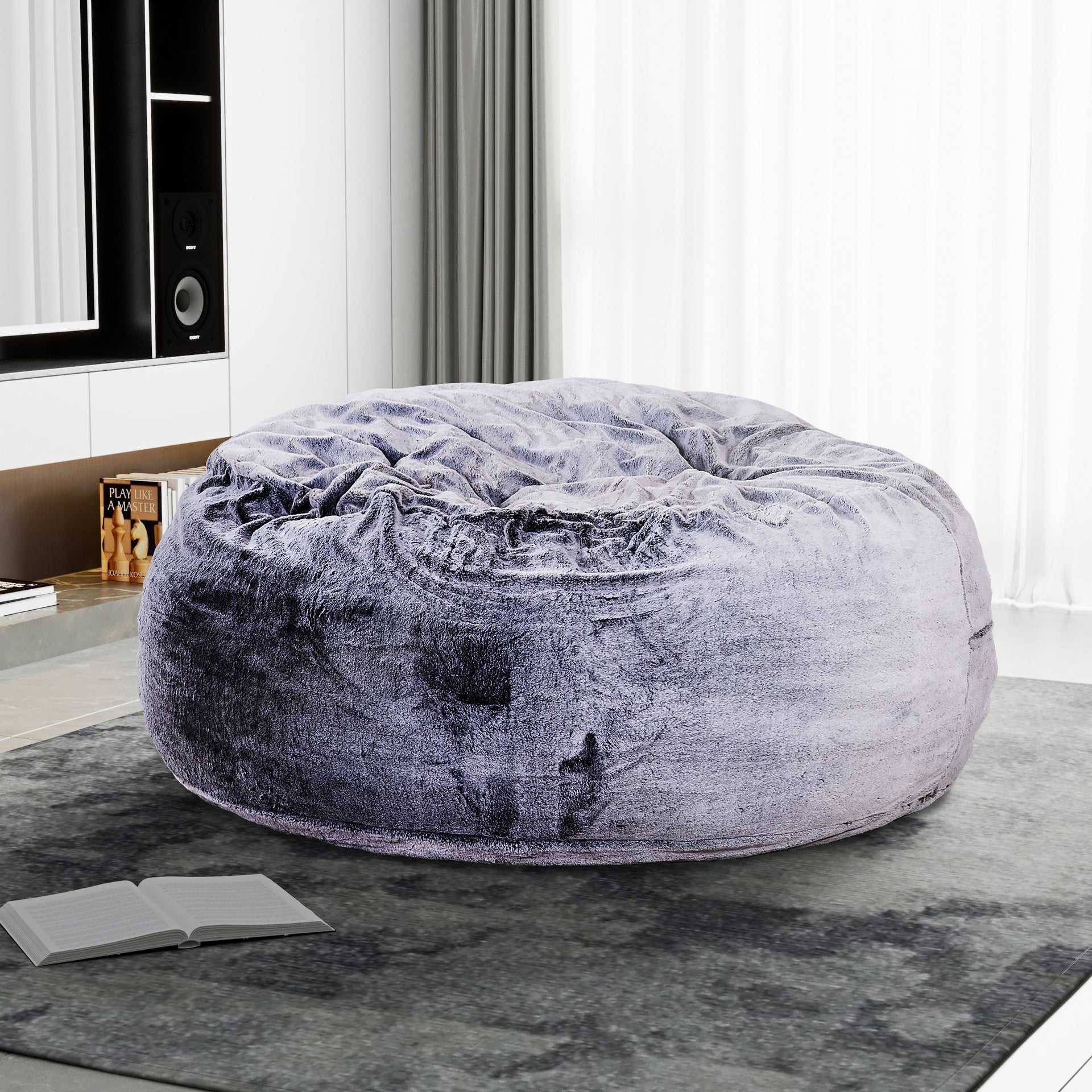 Modern 5-Foot Round Memory Foam Bean Bag Soft Faux Fur Cover Bean Bag Chair, Purple