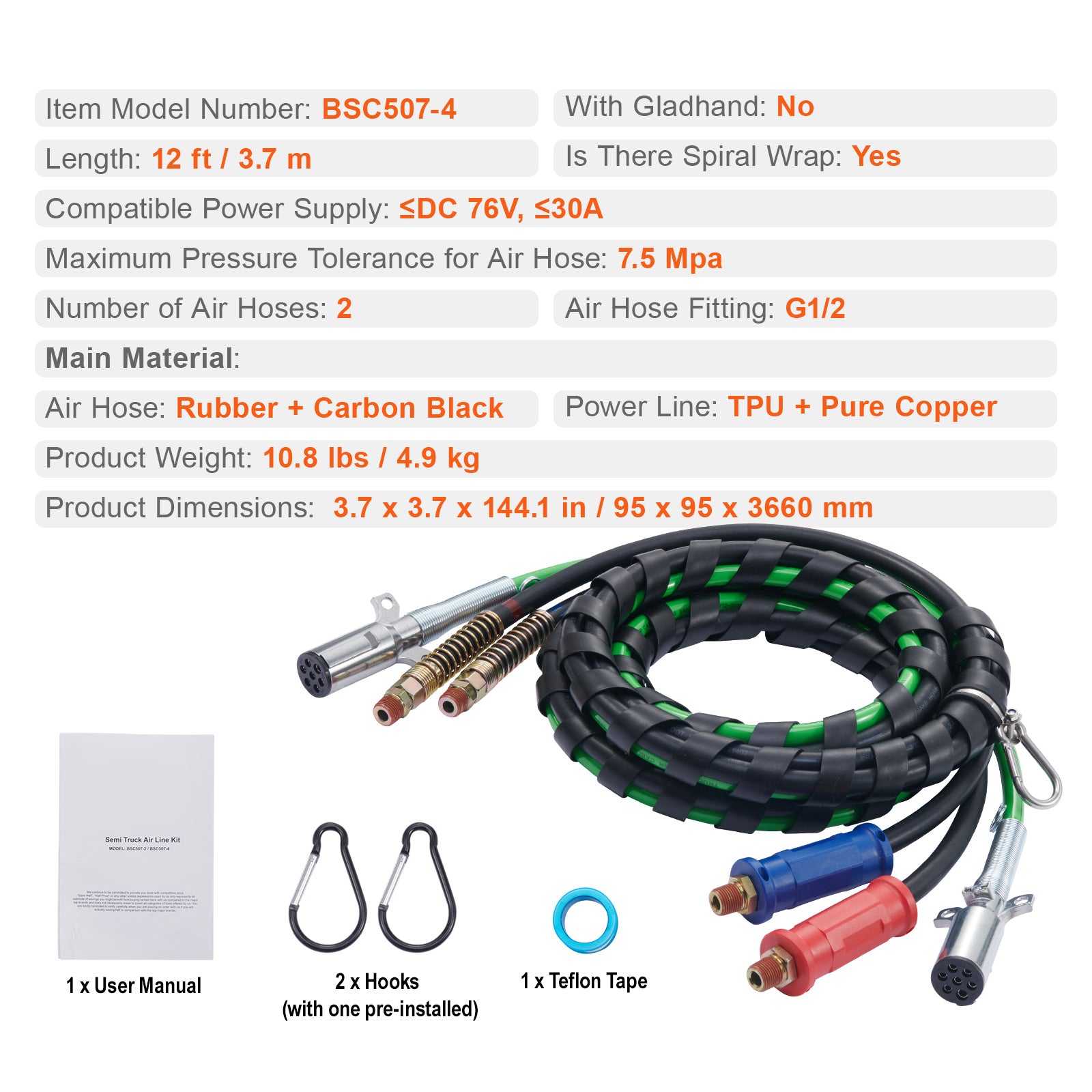 12FT Semi Truck Air Lines Kit, 3-in-1 Air Hoses & ABS Power Line for Semi Truck Trailer Tractor, 7-Way Plug Electrical Cord Cable and Rubber Air Lines Hose Assembly Kit with Hook & Teflon Tape