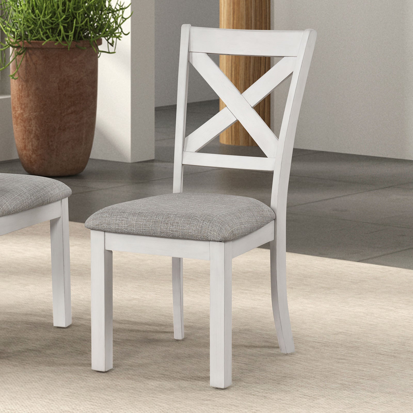 Rustic White Oak Farmhouse 2pcs Dining Chairs Cross Back Wooden Cushion Seat Kitchen Dining Room Furniture