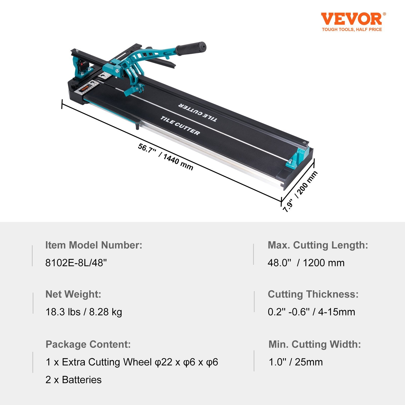 Manual Tile Cutter, 48 inch, Porcelain Ceramic Tile Cutter with Tungsten Carbide Cutting Wheel, Infrared Positioning, Anti-Skid Feet, Durable Rails for professional installers or beginners