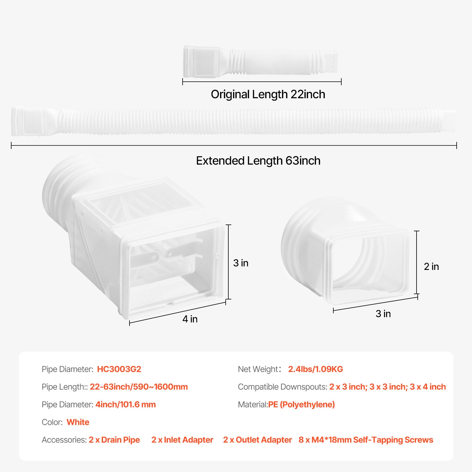 Rain Gutter Downspout Extensions 2-Pack Flexible Downspout Extender White