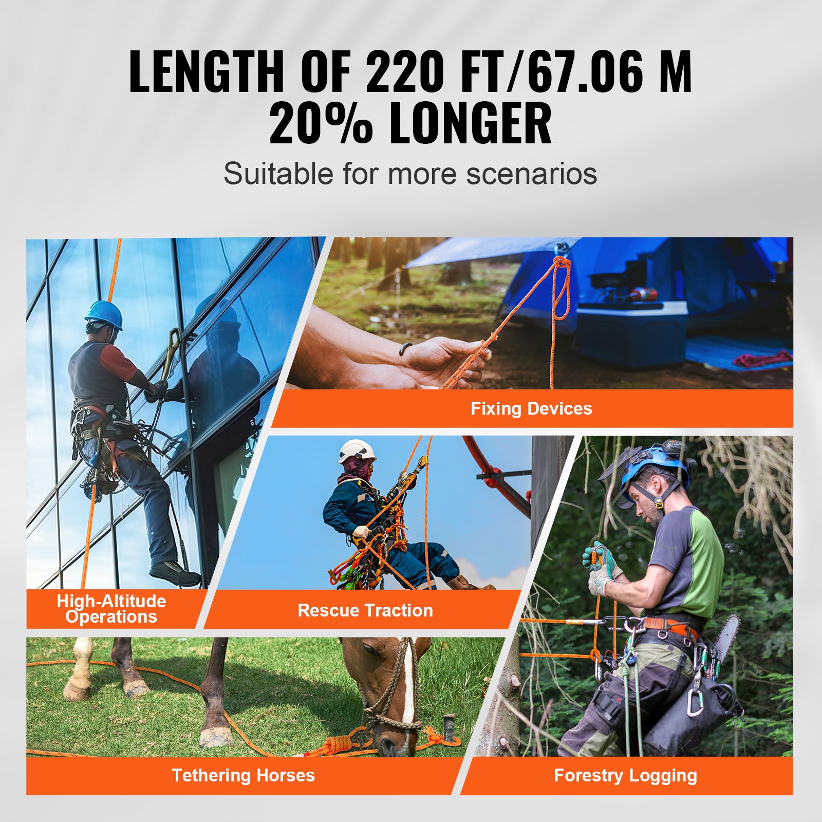 Double Braided Polyester Rope, 3/4 in x 220 ft, 24 Strands, 20000 LBS Breaking Strength Outdoor Rope, Arborist Rigging Rope for Rock Hiking Camping Swing Rappelling Rescue, Orange/Black