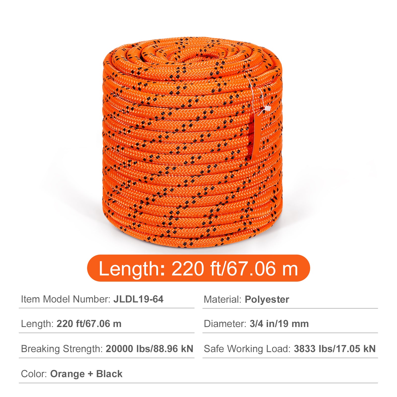 Double Braided Polyester Rope, 3/4 in x 220 ft, 24 Strands, 20000 LBS Breaking Strength Outdoor Rope, Arborist Rigging Rope for Rock Hiking Camping Swing Rappelling Rescue, Orange/Black