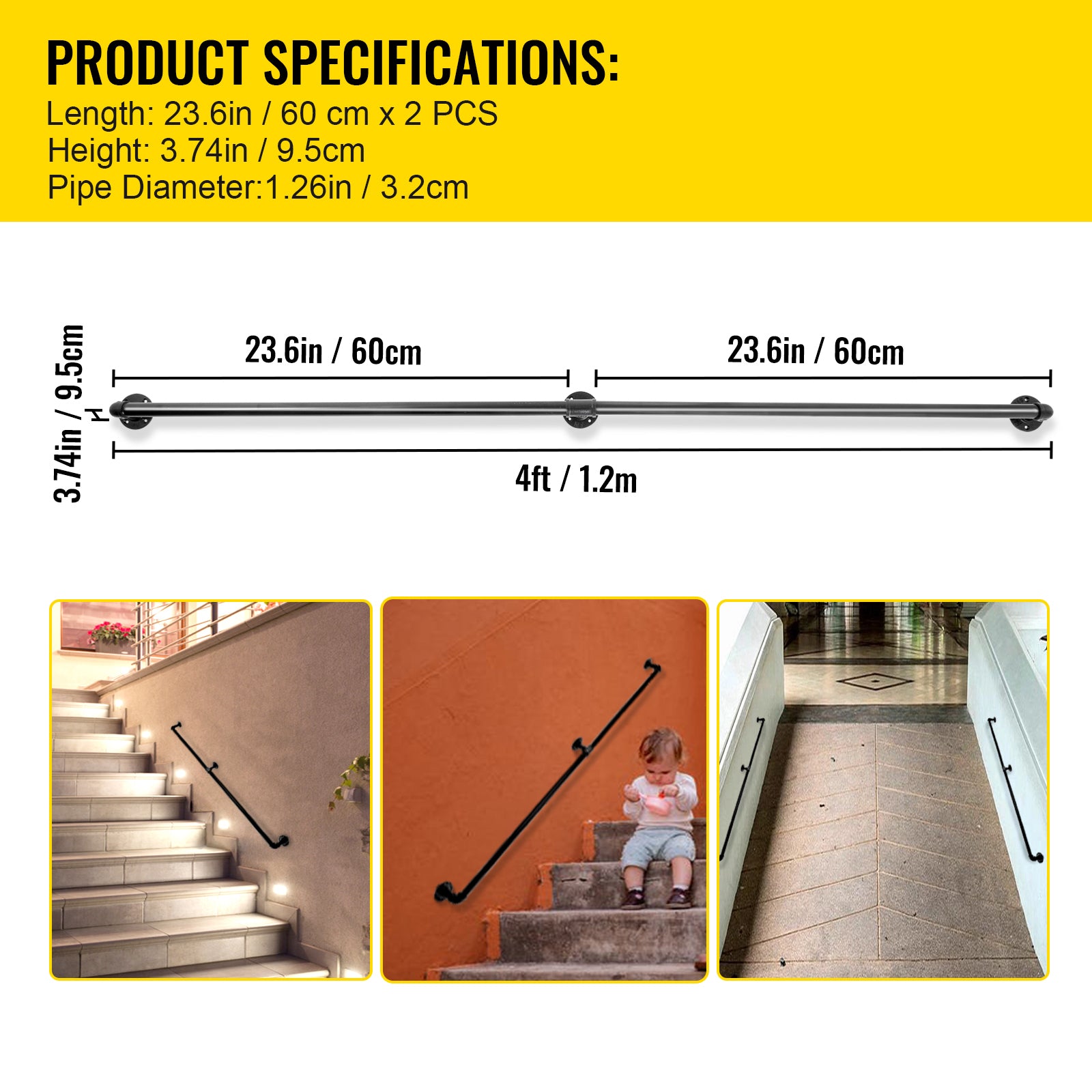 Pipe Stair Handrail, 4FT Staircase Handrail, 440LBS Load Capacity Carbon Steel Pipe Handrail, Industrial Pipe Handrail with Wall Mount Support, Round Corner Wall Handrailings for Indoor, Outdoor