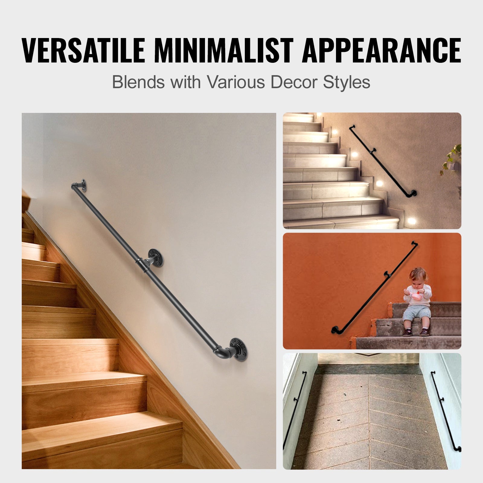Pipe Stair Handrail, 4FT Staircase Handrail, 440LBS Load Capacity Carbon Steel Pipe Handrail, Industrial Pipe Handrail with Wall Mount Support, Round Corner Wall Handrailings for Indoor, Outdoor