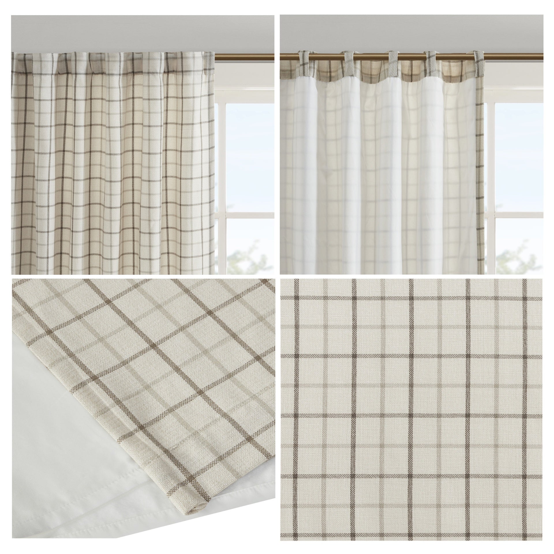 1 PCS 50x108" Plaid Rod Pocket and Back Tab Curtain Panel with Fleece Lining Natural