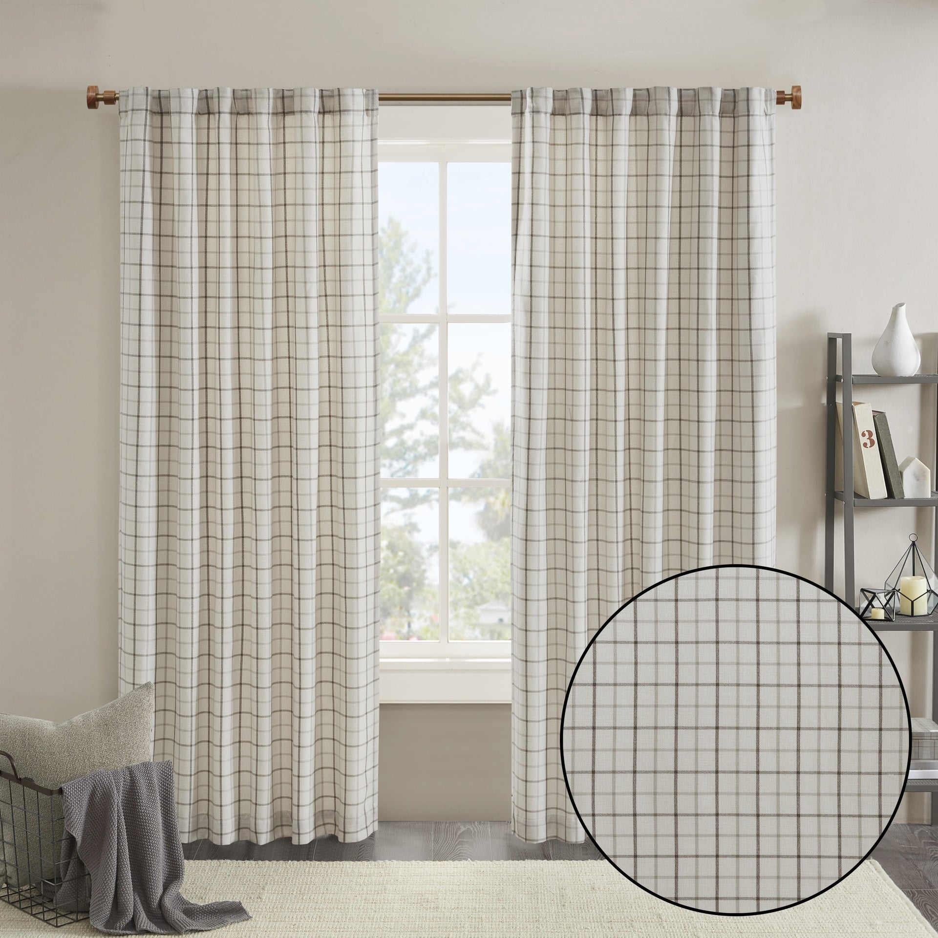 1 PCS 50x108" Plaid Rod Pocket and Back Tab Curtain Panel with Fleece Lining Natural
