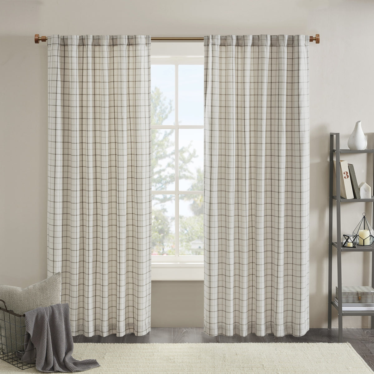 1 PCS 50x108" Plaid Rod Pocket and Back Tab Curtain Panel with Fleece Lining Natural