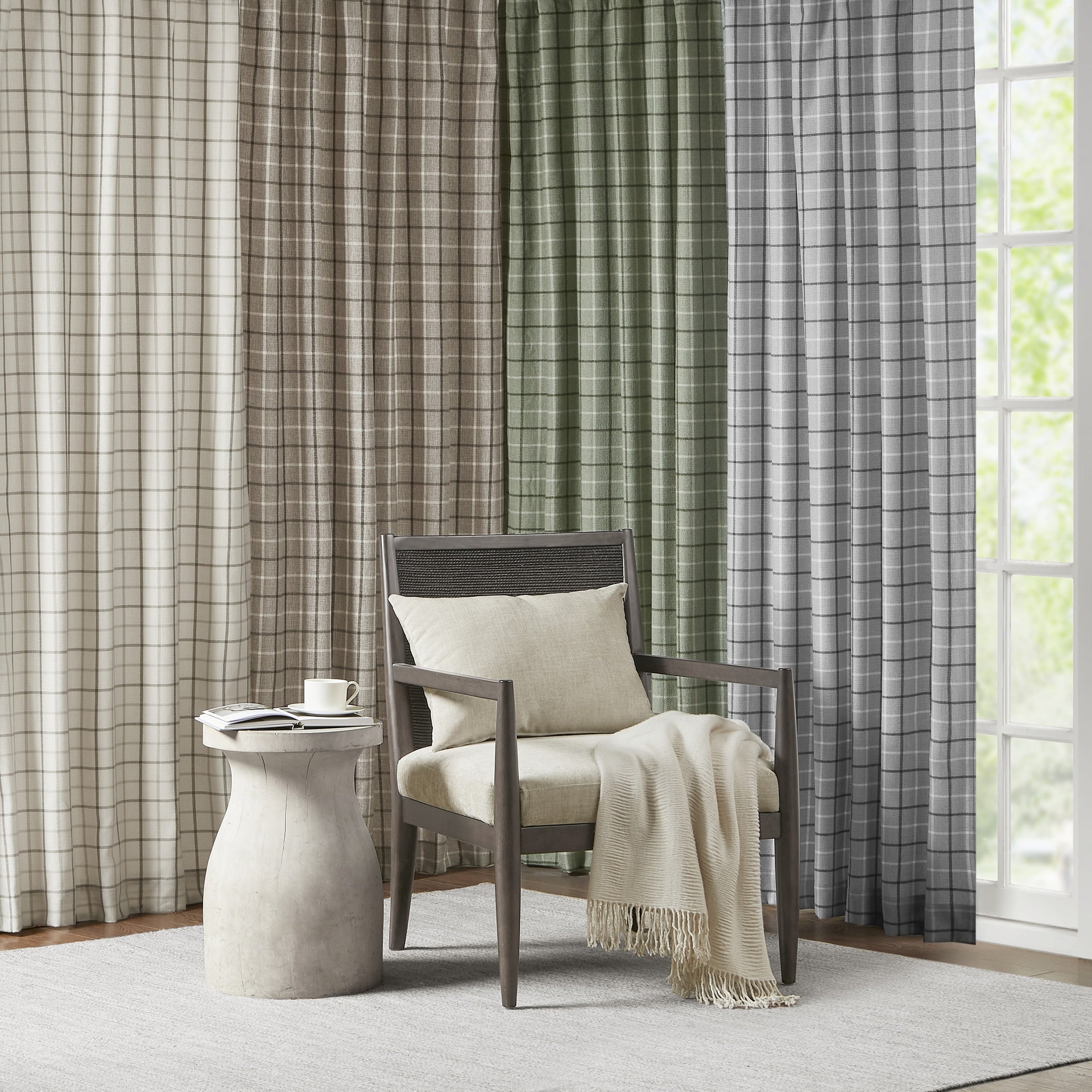 1 PCS 50x108" Plaid Rod Pocket and Back Tab Curtain Panel with Fleece Lining Natural