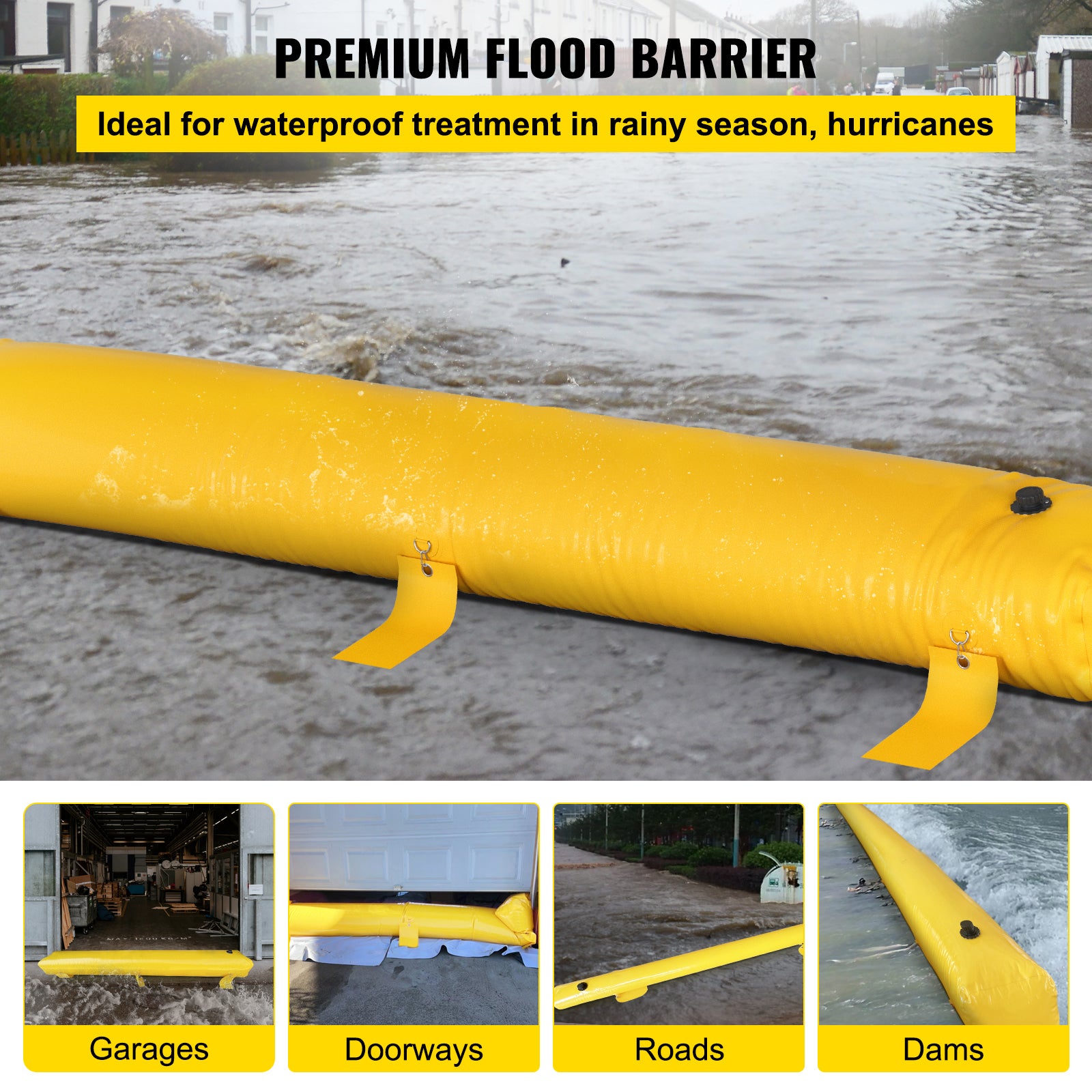 Flood Barrier, 24 ft Length x 6 in Height Sandbag Alternative, Water Barrier for Flooding with Great Waterproof Effect, Reusable PVC Water Diversion Tubes, Flood Barriers for Home, Door, Garage