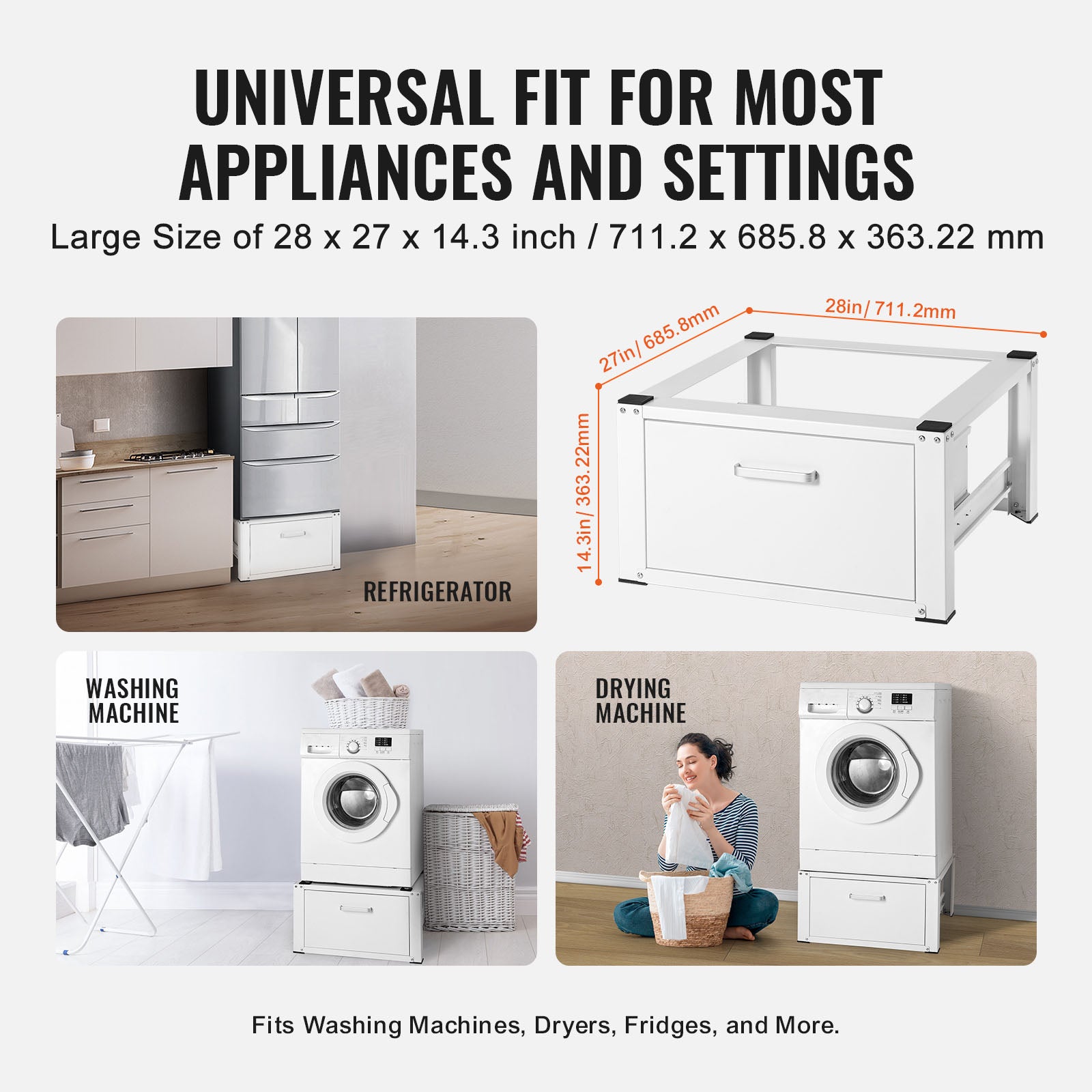 Laundry Pedestal 27" Wide 14.4" Height, Washer And Dryer Base Stand Platform Universal Fit 660lbs Capacity, Heavy Duty Multi-Functional Base for Washing Machine with Drawer & Rich Accessories