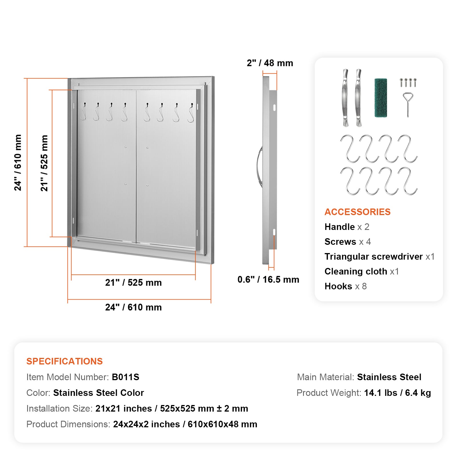 BBQ Access Door, 24W x 24H Inch Double Outdoor Kitchen Door, Stainless Steel Flush Mount Door, Double Wall Vertical Door with Handles and Hooks, for BBQ Island, Grilling Station, Outside Cabinet