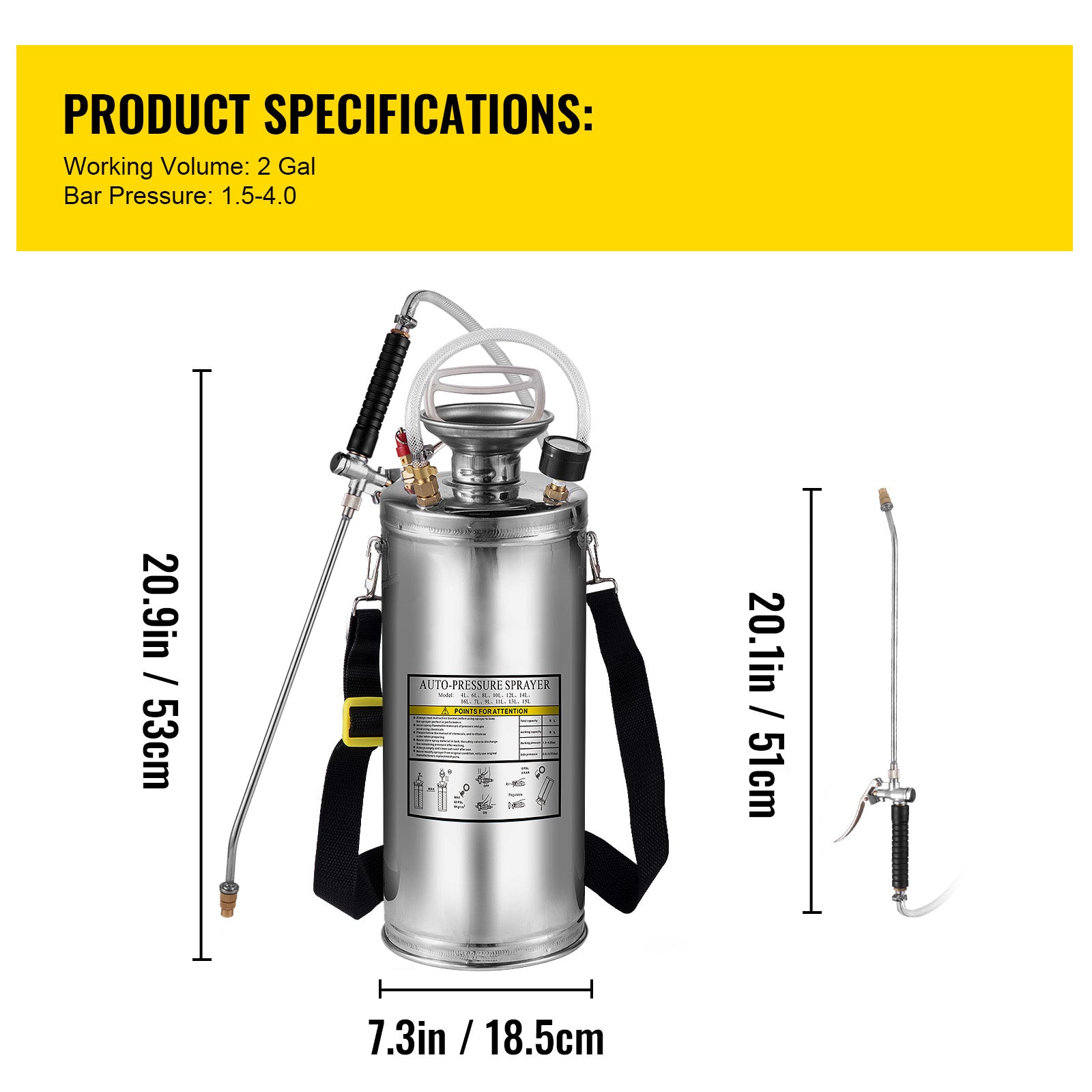 2Gal Stainless Steel Sprayer, Set with 20" Wand& Handle& 3FT Reinforced Hose, Hand Pump Sprayer with Pressure Gauge&Safety Valve, Adjustable Nozzle Suitable for Gardening and Sanitizing