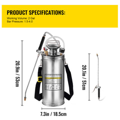 2Gal Stainless Steel Sprayer, Set with 20" Wand& Handle& 3FT Reinforced Hose, Hand Pump Sprayer with Pressure Gauge&Safety Valve, Adjustable Nozzle Suitable for Gardening and Sanitizing