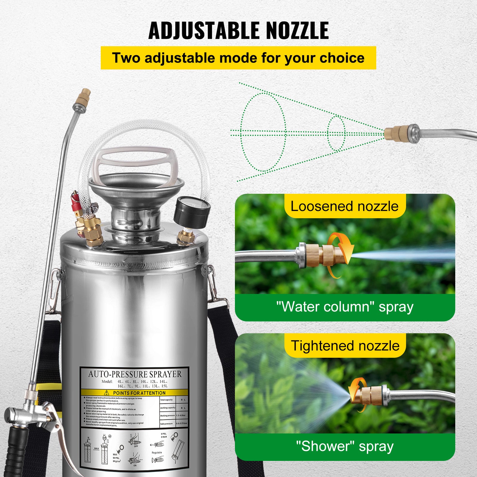 2Gal Stainless Steel Sprayer, Set with 20" Wand& Handle& 3FT Reinforced Hose, Hand Pump Sprayer with Pressure Gauge&Safety Valve, Adjustable Nozzle Suitable for Gardening and Sanitizing
