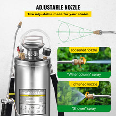 2Gal Stainless Steel Sprayer, Set with 20" Wand& Handle& 3FT Reinforced Hose, Hand Pump Sprayer with Pressure Gauge&Safety Valve, Adjustable Nozzle Suitable for Gardening and Sanitizing