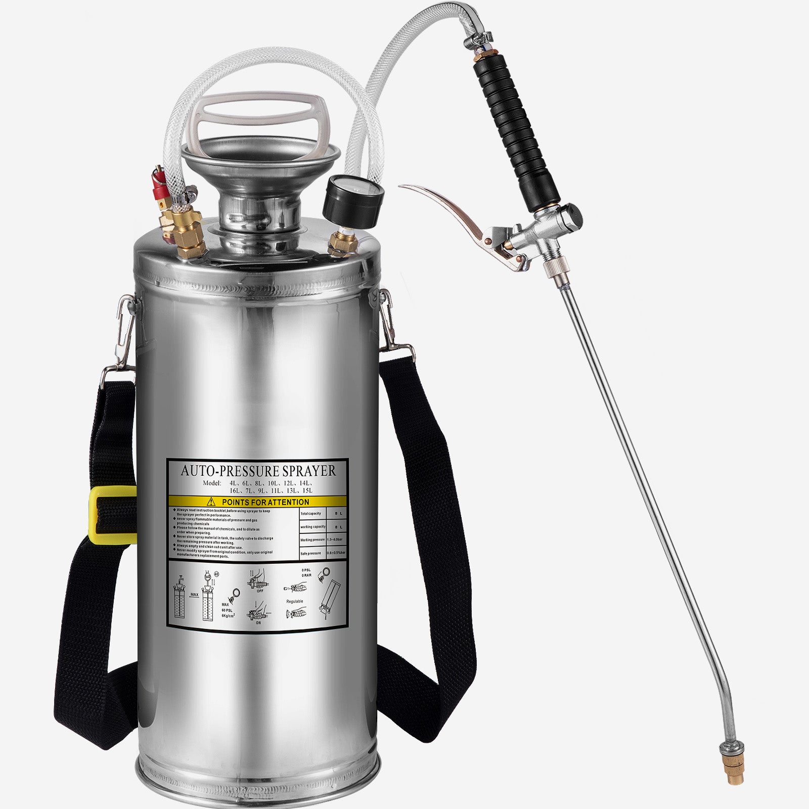 2Gal Stainless Steel Sprayer, Set with 20" Wand& Handle& 3FT Reinforced Hose, Hand Pump Sprayer with Pressure Gauge&Safety Valve, Adjustable Nozzle Suitable for Gardening and Sanitizing