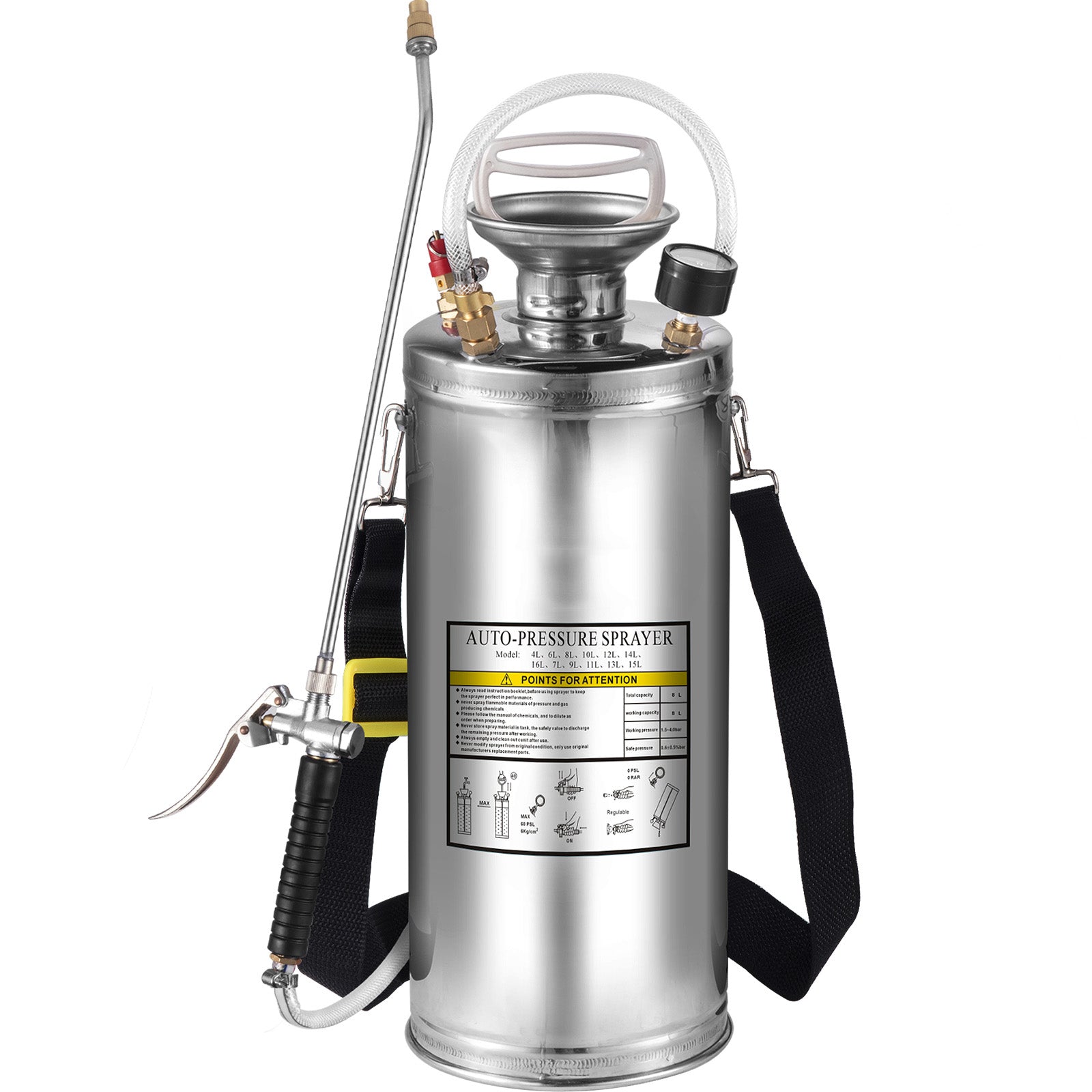 2Gal Stainless Steel Sprayer, Set with 20" Wand& Handle& 3FT Reinforced Hose, Hand Pump Sprayer with Pressure Gauge&Safety Valve, Adjustable Nozzle Suitable for Gardening and Sanitizing