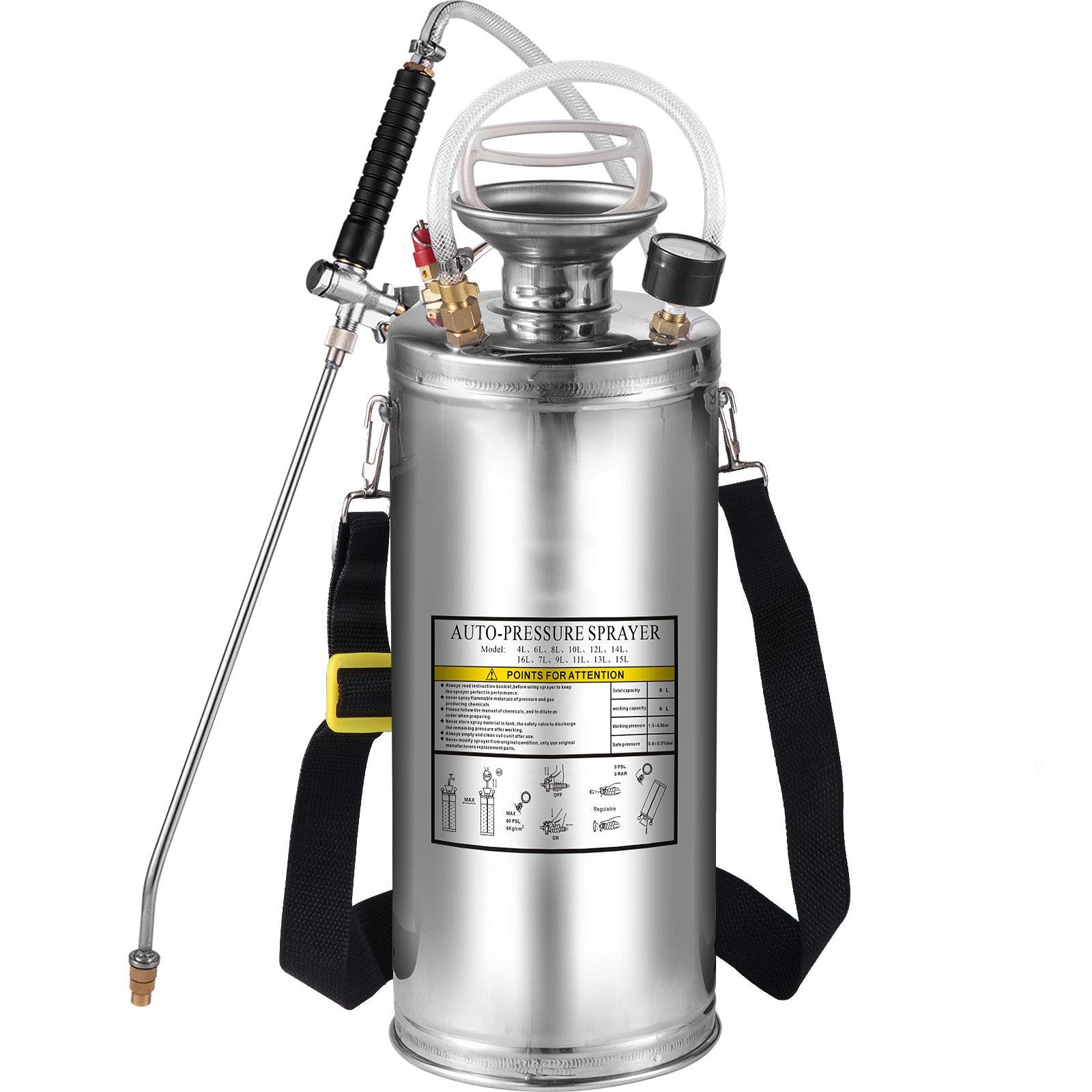 2Gal Stainless Steel Sprayer, Set with 20" Wand& Handle& 3FT Reinforced Hose, Hand Pump Sprayer with Pressure Gauge&Safety Valve, Adjustable Nozzle Suitable for Gardening and Sanitizing