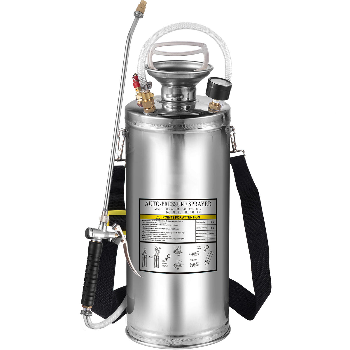 2Gal Stainless Steel Sprayer, Set with 20" Wand& Handle& 3FT Reinforced Hose, Hand Pump Sprayer with Pressure Gauge&Safety Valve, Adjustable Nozzle Suitable for Gardening and Sanitizing