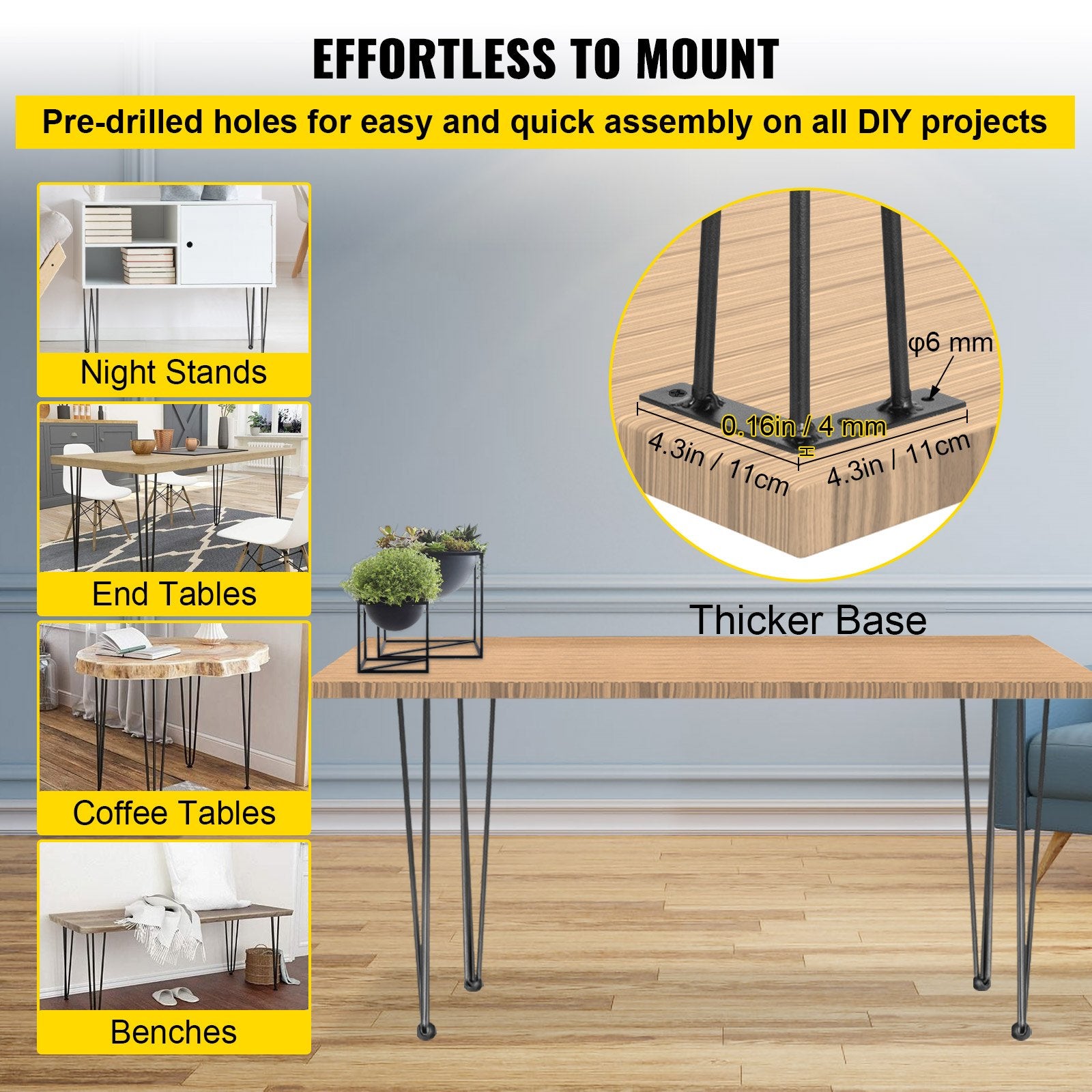 Hairpin Table Legs 34" Black Set of 4 Desk Legs 880lbs Load Capacity (Each 220lbs) Hairpin Desk Legs 3 Rods for Bench Desk Dining End Table Chairs Carbon Steel DIY Heavy Duty Furniture Legs