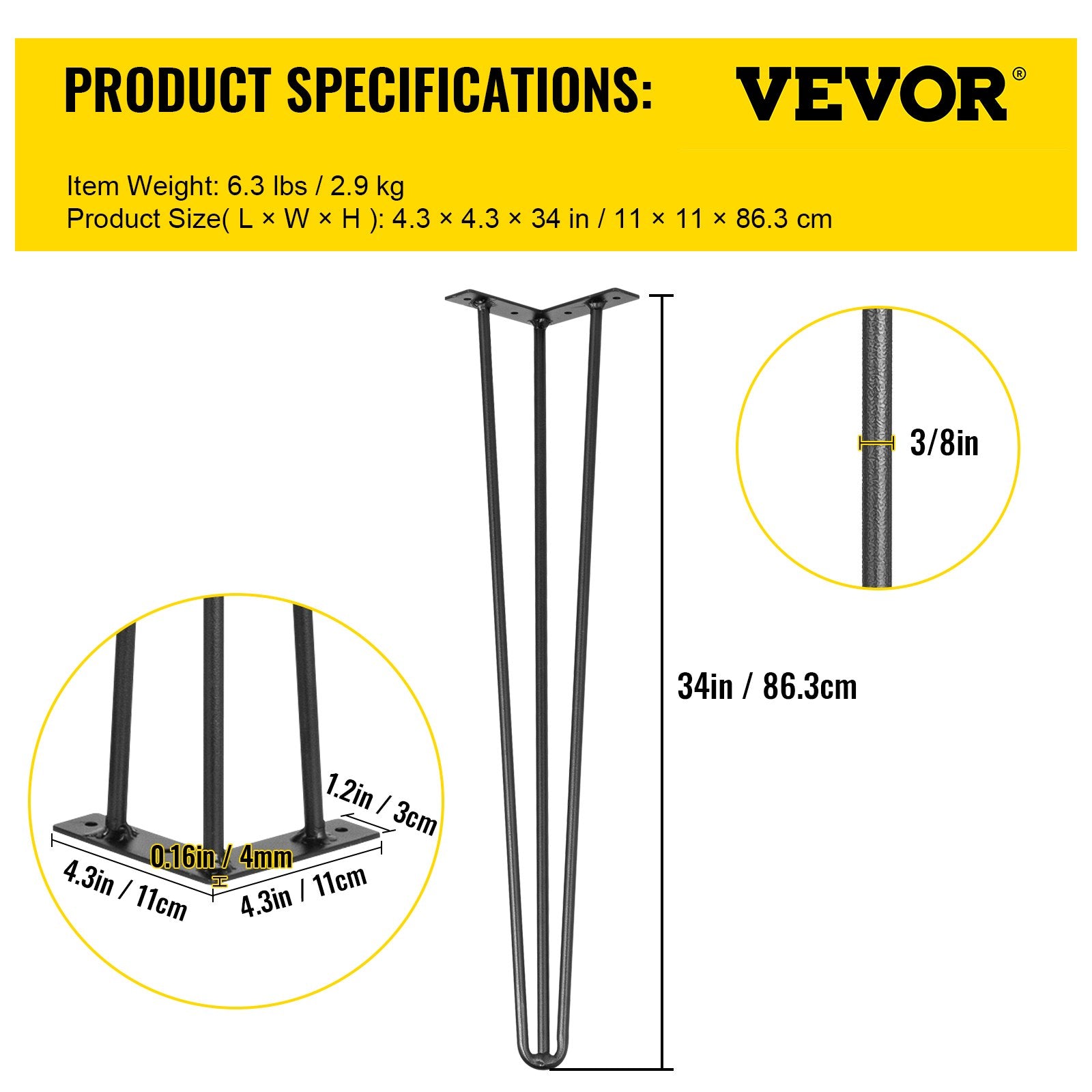 Hairpin Table Legs 34" Black Set of 4 Desk Legs 880lbs Load Capacity (Each 220lbs) Hairpin Desk Legs 3 Rods for Bench Desk Dining End Table Chairs Carbon Steel DIY Heavy Duty Furniture Legs