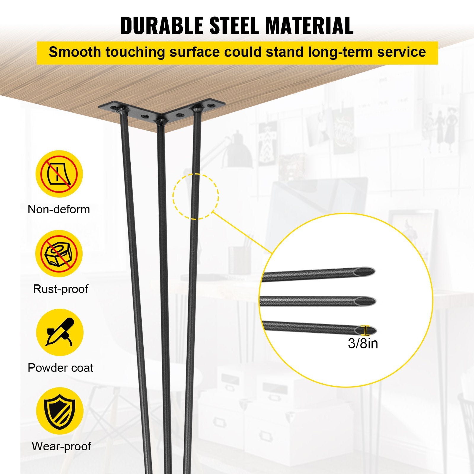 Hairpin Table Legs 34" Black Set of 4 Desk Legs 880lbs Load Capacity (Each 220lbs) Hairpin Desk Legs 3 Rods for Bench Desk Dining End Table Chairs Carbon Steel DIY Heavy Duty Furniture Legs