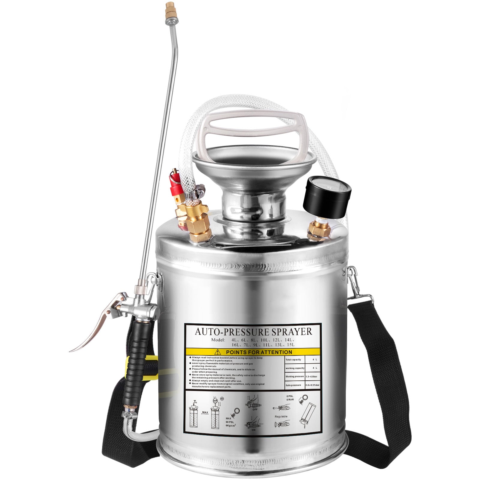 1Gal Stainless Steel, Set with 12" Wand& Handle& 3FT Reinforced Hose, Hand Pump Sprayer with Pressure Gauge&Safety Valve, Adjustable Nozzle Suitable for Gardening and Sanitizing, Silver