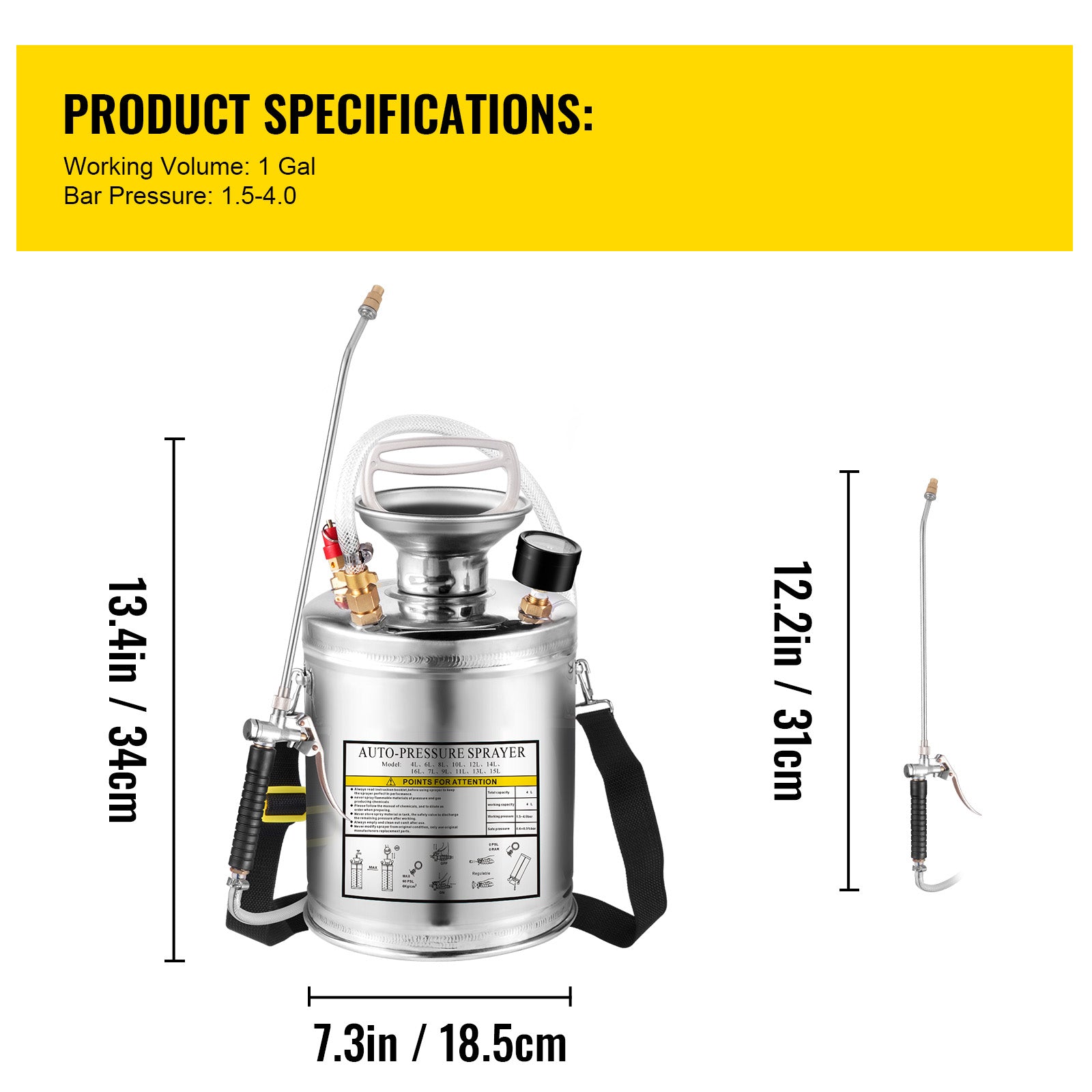 1Gal Stainless Steel, Set with 12" Wand& Handle& 3FT Reinforced Hose, Hand Pump Sprayer with Pressure Gauge&Safety Valve, Adjustable Nozzle Suitable for Gardening and Sanitizing, Silver