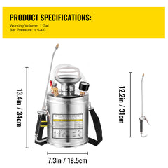 1Gal Stainless Steel, Set with 12" Wand& Handle& 3FT Reinforced Hose, Hand Pump Sprayer with Pressure Gauge&Safety Valve, Adjustable Nozzle Suitable for Gardening and Sanitizing, Silver
