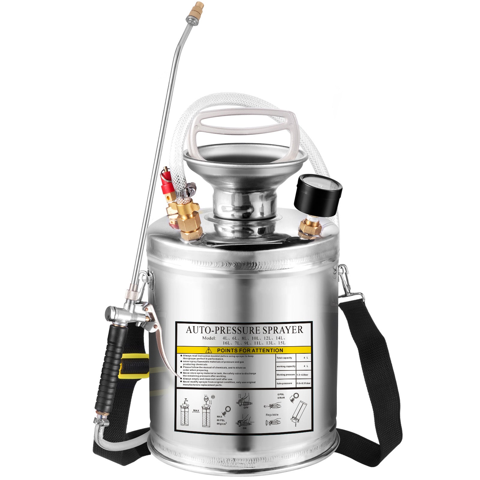 1Gal Stainless Steel, Set with 12" Wand& Handle& 3FT Reinforced Hose, Hand Pump Sprayer with Pressure Gauge&Safety Valve, Adjustable Nozzle Suitable for Gardening and Sanitizing, Silver