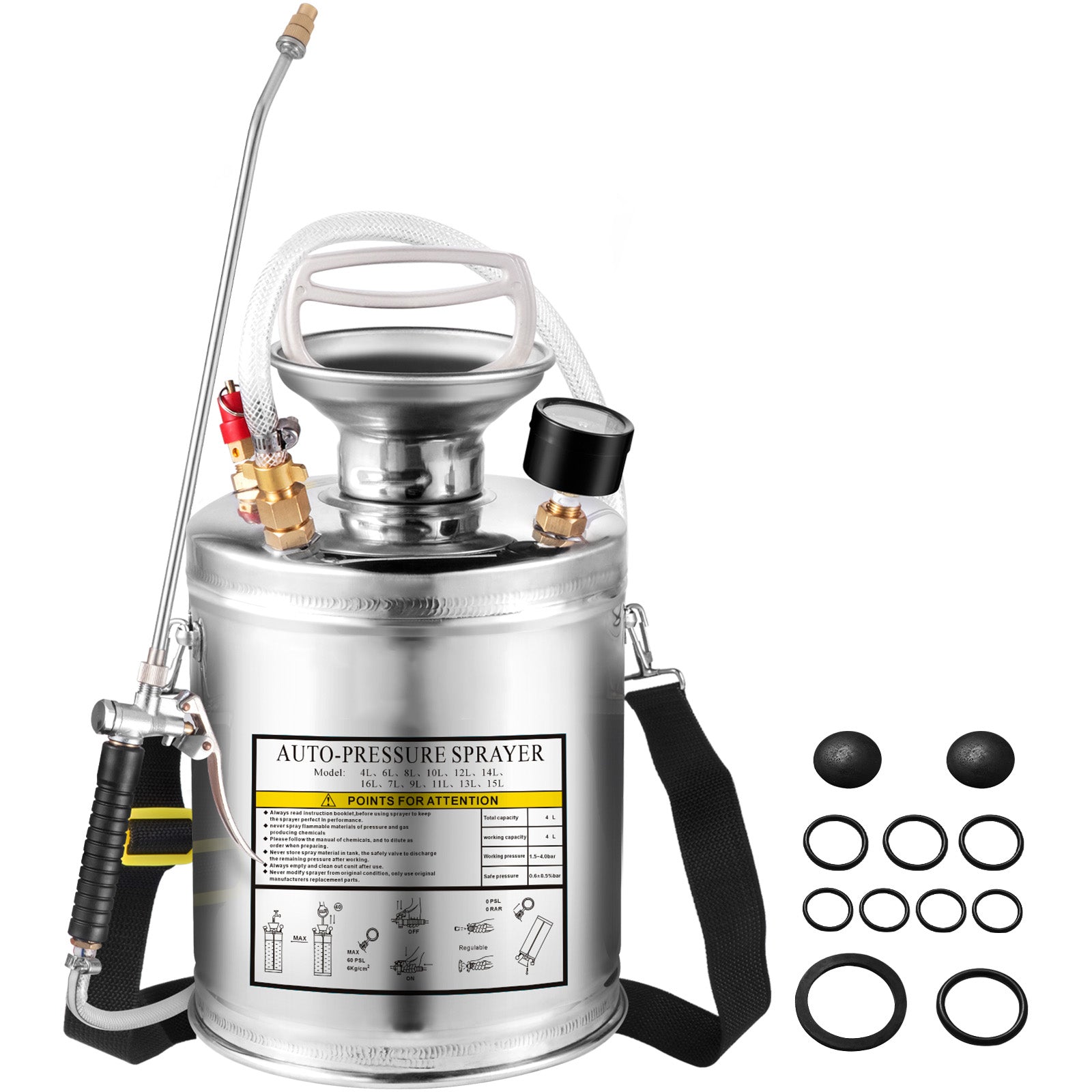 1Gal Stainless Steel, Set with 12" Wand& Handle& 3FT Reinforced Hose, Hand Pump Sprayer with Pressure Gauge&Safety Valve, Adjustable Nozzle Suitable for Gardening and Sanitizing, Silver