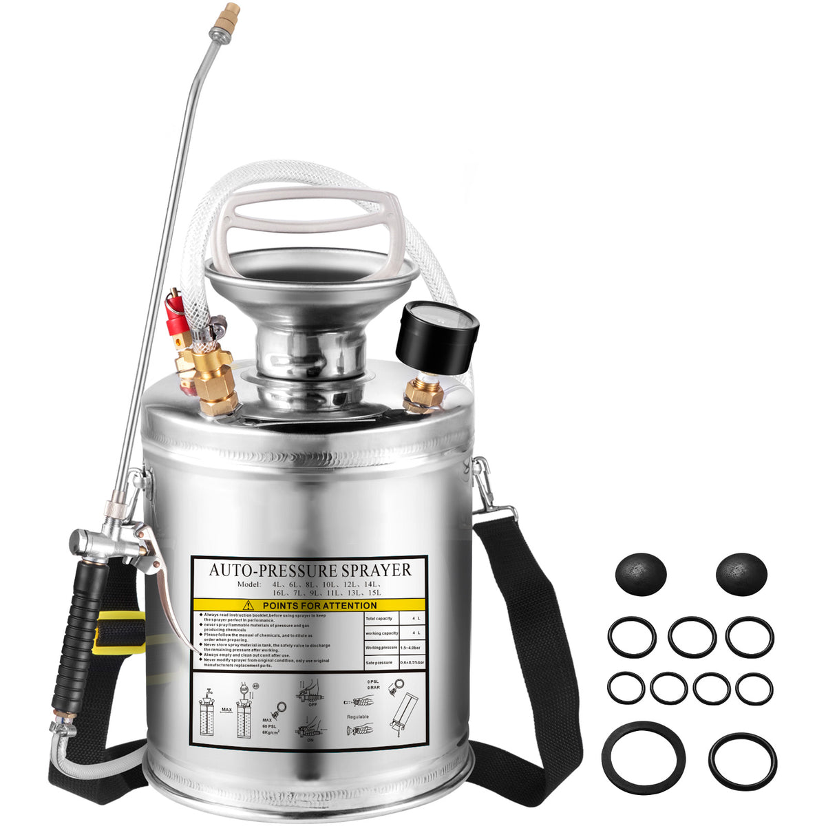 1Gal Stainless Steel, Set with 12" Wand& Handle& 3FT Reinforced Hose, Hand Pump Sprayer with Pressure Gauge&Safety Valve, Adjustable Nozzle Suitable for Gardening and Sanitizing, Silver