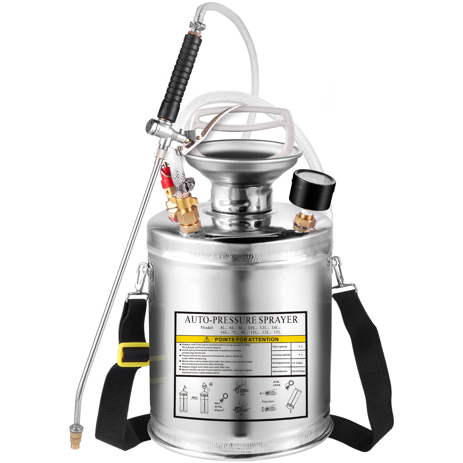 1Gal Stainless Steel, Set with 12" Wand& Handle& 3FT Reinforced Hose, Hand Pump Sprayer with Pressure Gauge&Safety Valve, Adjustable Nozzle Suitable for Gardening and Sanitizing, Silver
