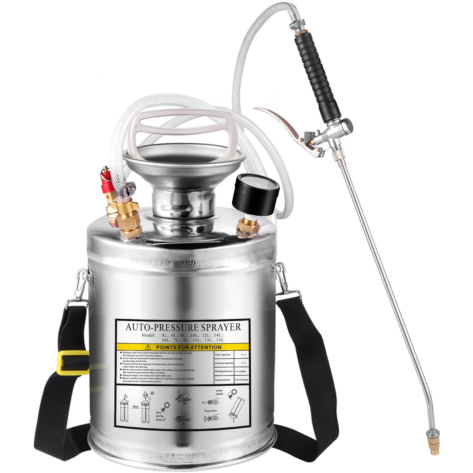1Gal Stainless Steel, Set with 12" Wand& Handle& 3FT Reinforced Hose, Hand Pump Sprayer with Pressure Gauge&Safety Valve, Adjustable Nozzle Suitable for Gardening and Sanitizing, Silver