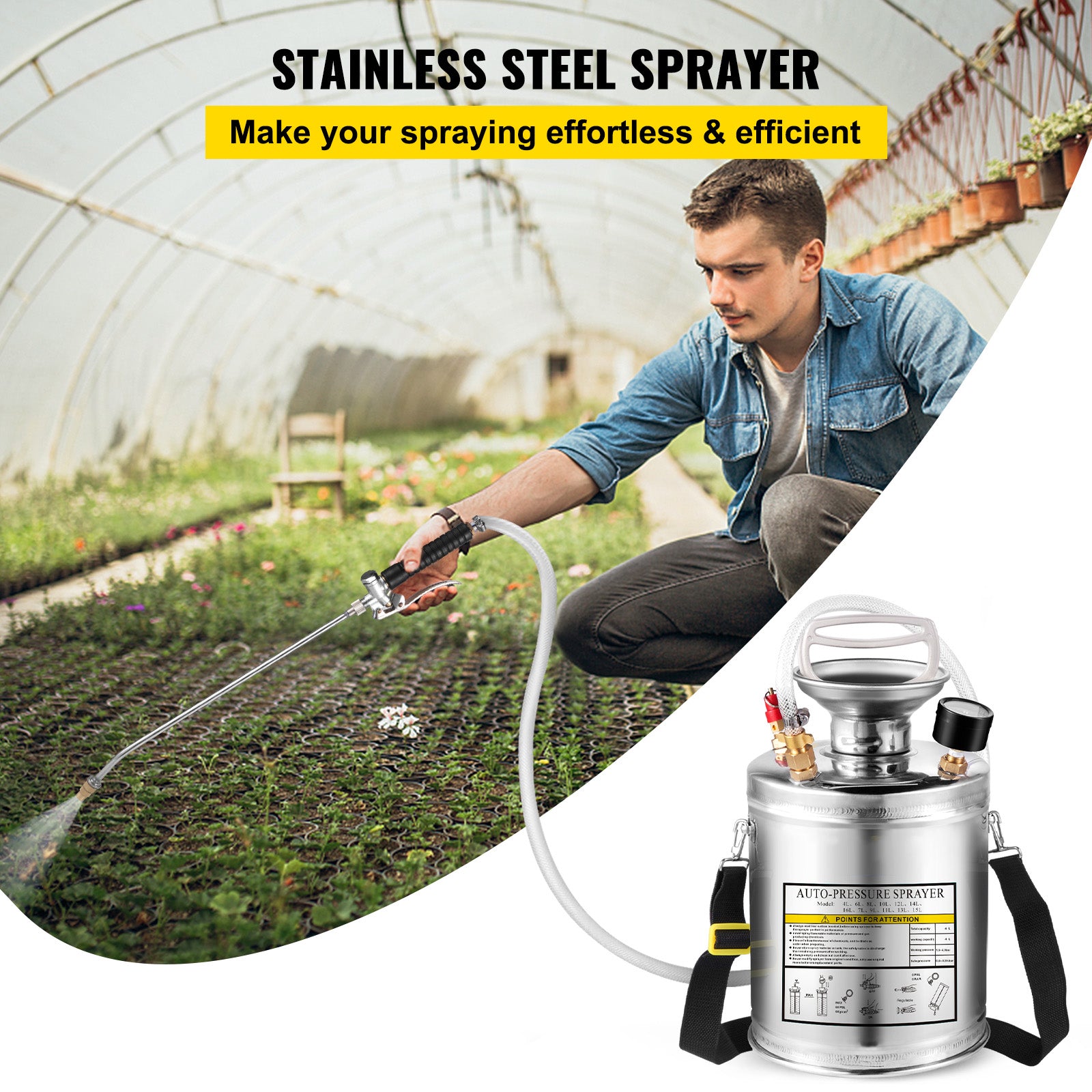 1Gal Stainless Steel, Set with 12" Wand& Handle& 3FT Reinforced Hose, Hand Pump Sprayer with Pressure Gauge&Safety Valve, Adjustable Nozzle Suitable for Gardening and Sanitizing, Silver
