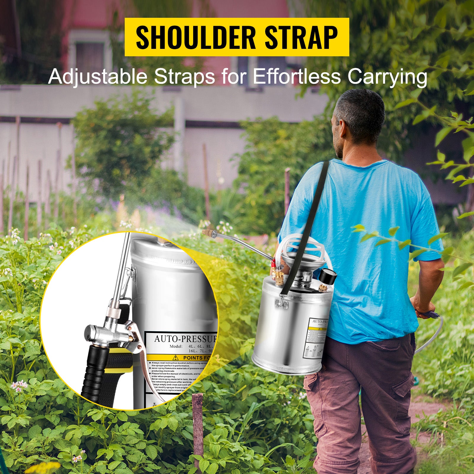 1Gal Stainless Steel, Set with 12" Wand& Handle& 3FT Reinforced Hose, Hand Pump Sprayer with Pressure Gauge&Safety Valve, Adjustable Nozzle Suitable for Gardening and Sanitizing, Silver