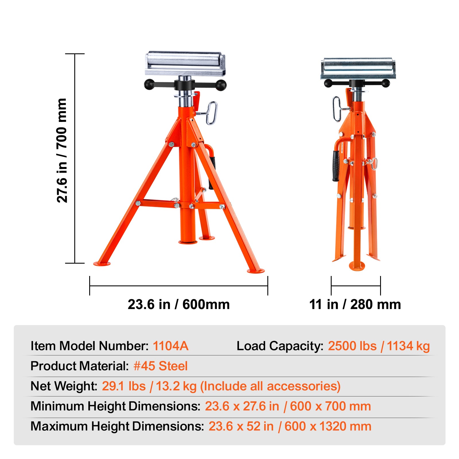 Roller Stand 2500 LBS Load 27.6"-52" Height Adjustable 45# Steel Foldable