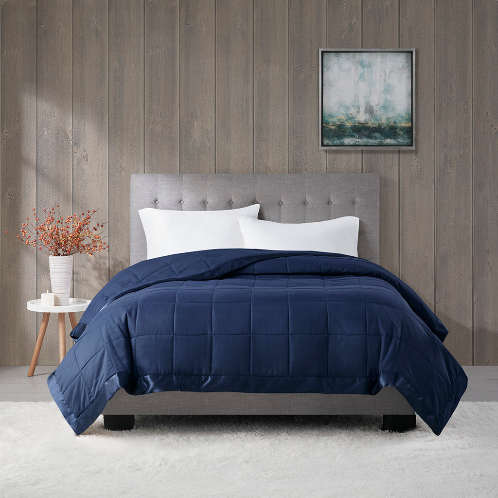Lightweight Down Alternative Blanket with Satin Trim Navy Full/Queen