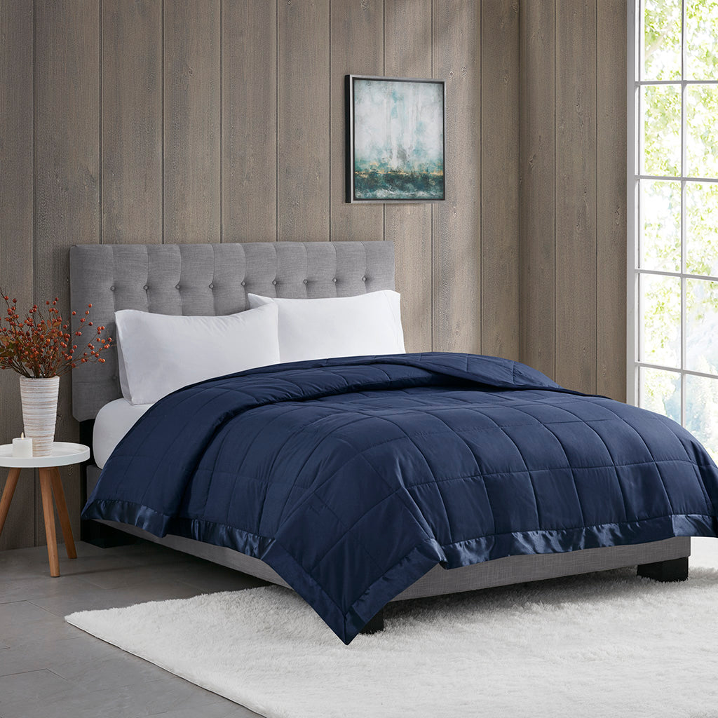 Lightweight Down Alternative Blanket with Satin Trim Navy Full/Queen