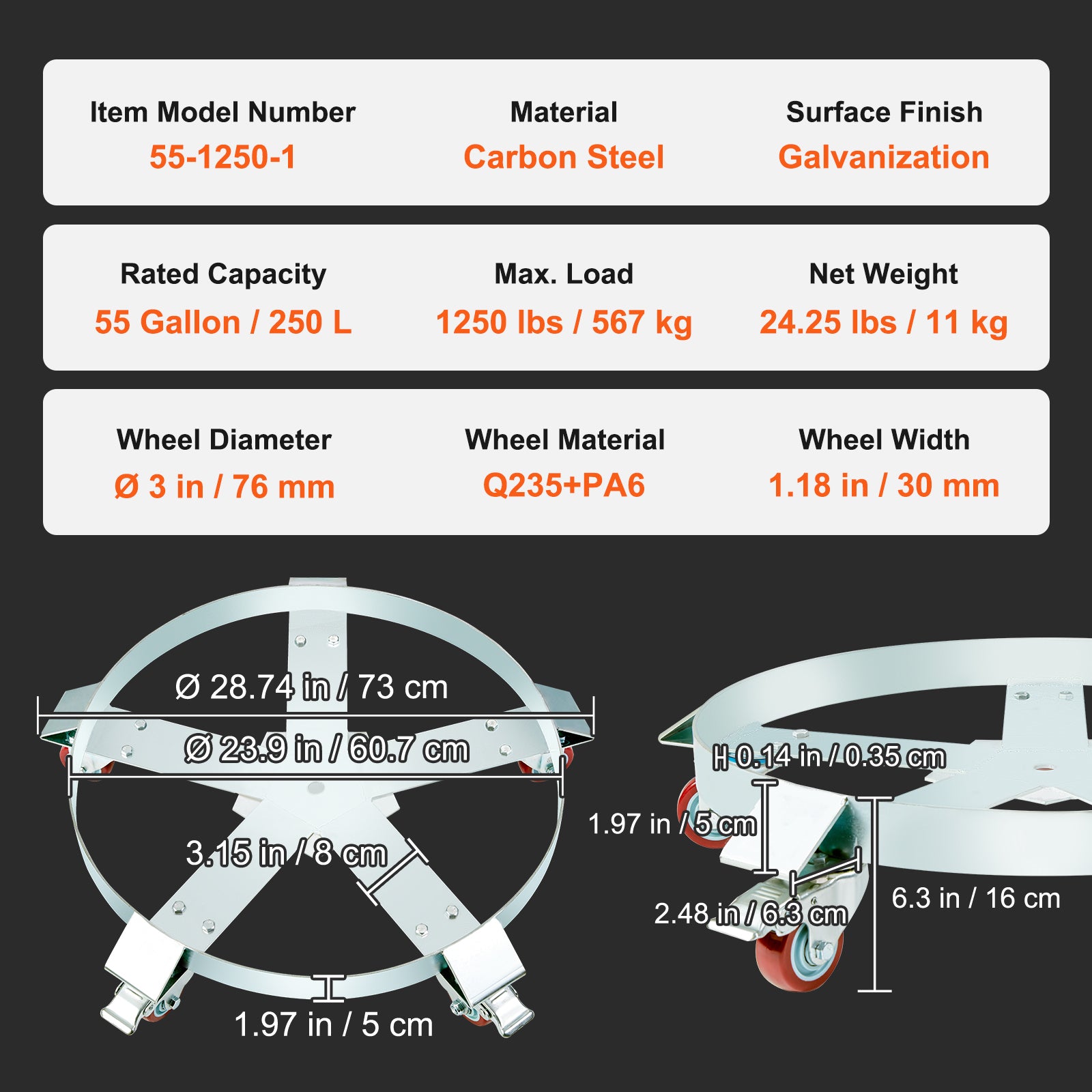 55 Gallon Heavy Duty Drum Dolly, 1250lbs Load Capacity, Barrel Dolly Cart Drum Caddy, Non Tipping Hand Truck Capacity Dollies with Steel Frame 5 Swivel Casters Wheel, for Warehouse Drum Handling