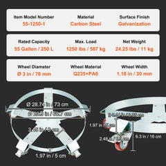 55 Gallon Heavy Duty Drum Dolly, 1250lbs Load Capacity, Barrel Dolly Cart Drum Caddy, Non Tipping Hand Truck Capacity Dollies with Steel Frame 5 Swivel Casters Wheel, for Warehouse Drum Handling
