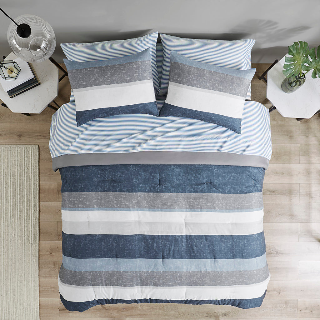 Stripe Comforter Set with Bed Sheets Blue/Grey Full